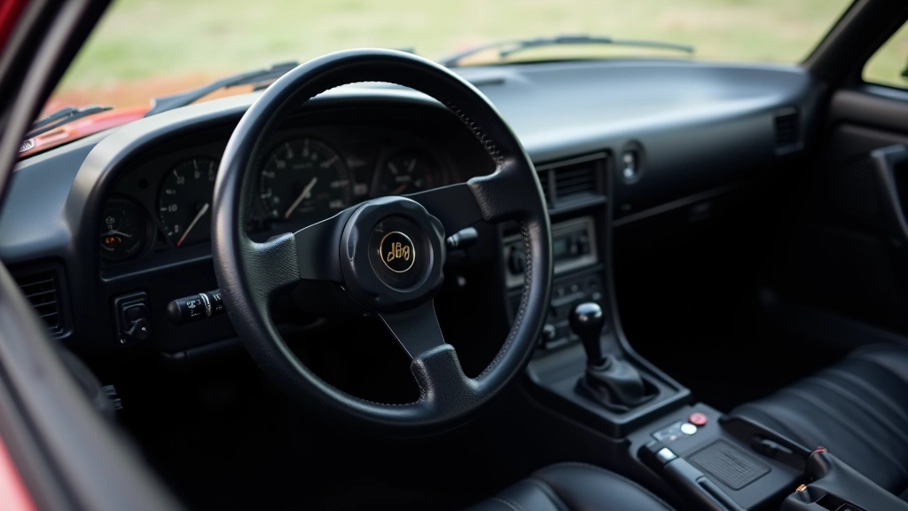 Sportinio automobilio interjeras, minimalistinis dizainas, rankinis variklis, retro vadovas, klasikinė kokpito schema