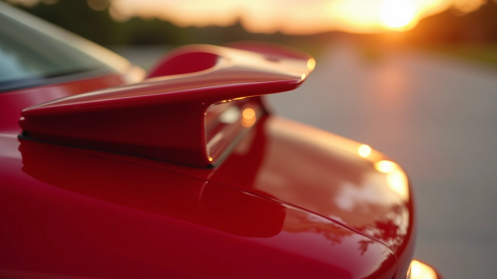 Sportinio automobilio galas su aerodiniminiu spoileriu, nuotrauka iš šono, saulėtas oras, aiškios linijos, greito išvaizdos