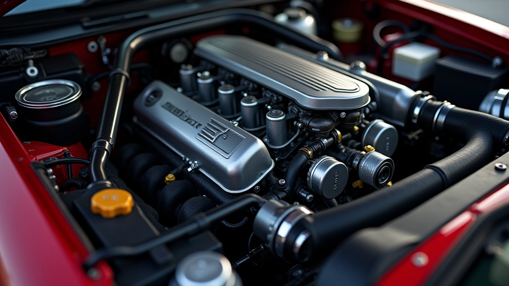 Detalus 90-ųjų sportinio automobilio variklio kapo kadras, rodantis inžinerinę precizią