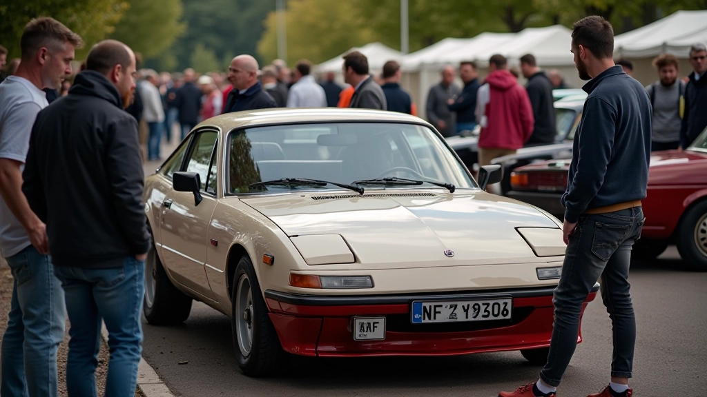 Grupė entuziastų apžiūrinėja automobilį