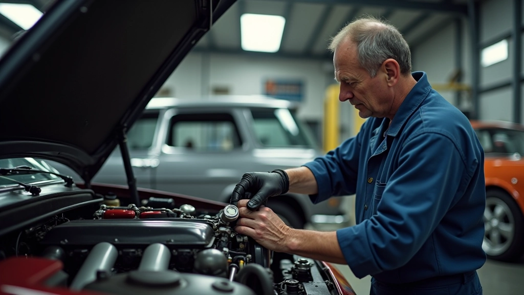 Mechanikos specialistas inspektuoja 90-ųjų sportinio automobilio variklį, diagnostikos įrankiai