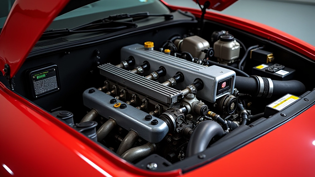 90-ųjų sportinio automobilio variklio skyras iš šono, matomas V6 arba V8 ansamblinis suskirstymas, metalinės dalys
