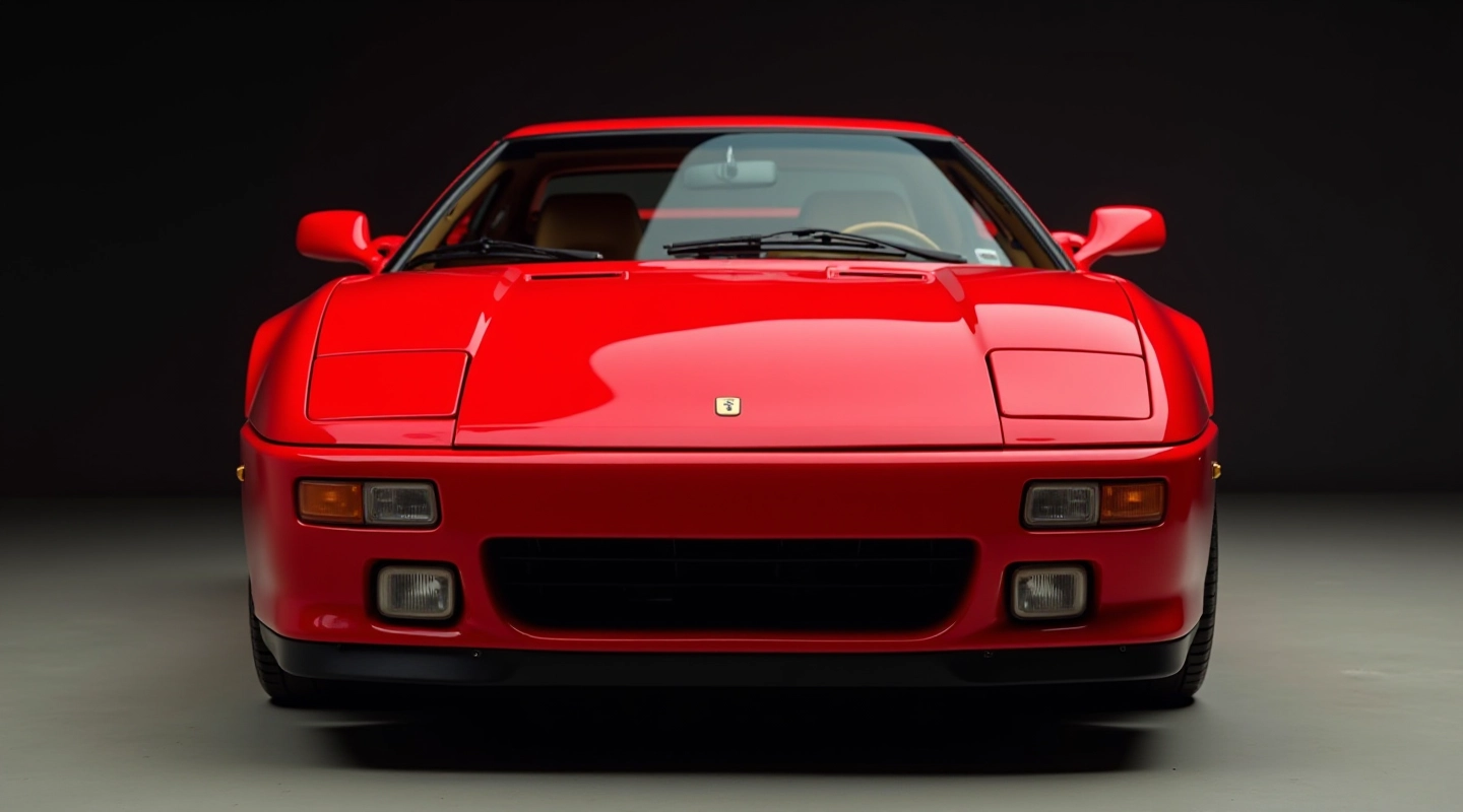 90-ųjų metų sportinis automobilis, raudonos spalvos, galingas dizainas, žibintai ir priekis