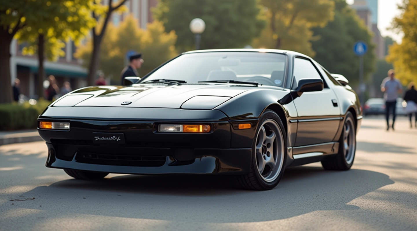 Sportinio automobilio šono profilis su agresyviomis linijomis, dienos šviesa, 90-ųjų era